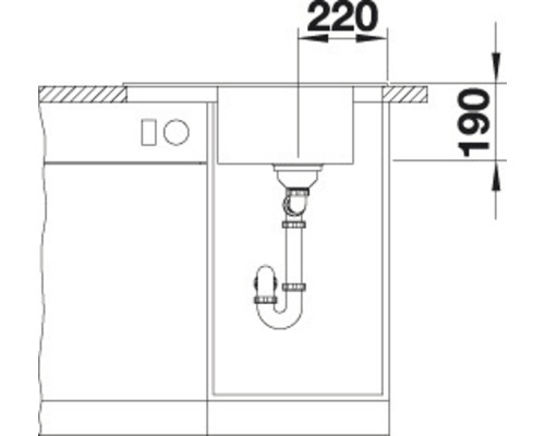 Schéma technique d''un évier avec les dimensions 220 et 190.