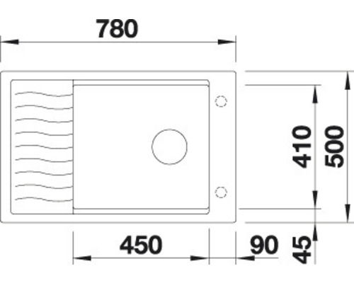 Technische Zeichnung eines rechteckigen Spülbeckens mit den Maßen 780 x 500 Millimeter.