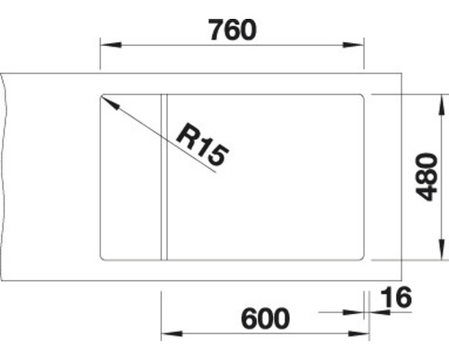 Technische Zeichnung eines Spülbeckenausschnitts mit den Maßen 760, 600 und 480 Millimeter sowie dem Radius R15