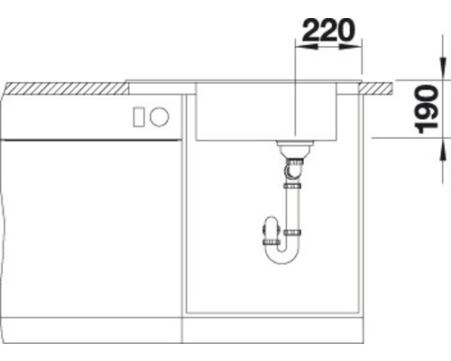 Skizze einer Spüle mit Siphon und den Maßangaben 220 und 190
