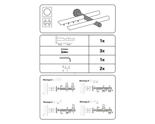 Schéma des instructions de montage pour une double tringle à rideaux avec accessoires