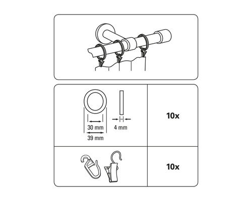 Gardinenstangen Zubehör Set mit Ringen, Haken und Klemmen, 10 Stück