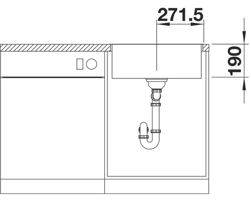 Dessin d''un évier de cuisine avec les dimensions 271,5 et 190
