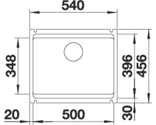 Technische Zeichnung eines Spülbeckens mit Maßangaben