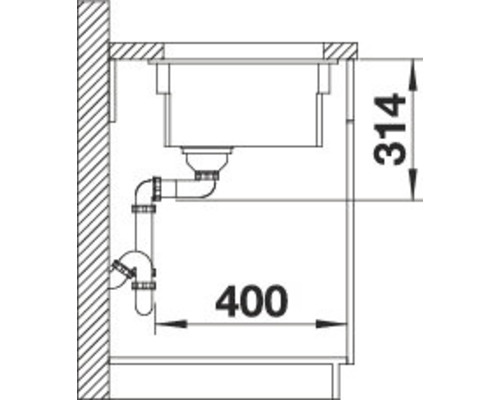 Zeichnung einer Spüle mit Siphon und Maßangaben