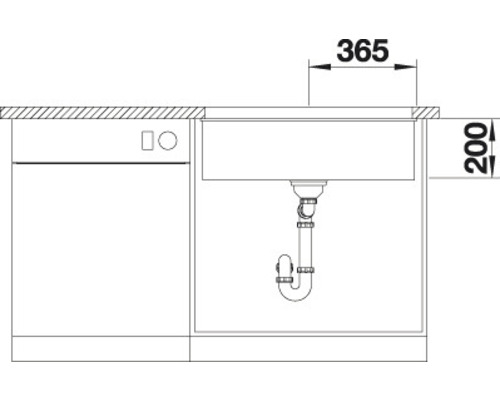 Skizze eines Küchenspülbeckens mit Abmessungen von 365 und 200 Millimetern.