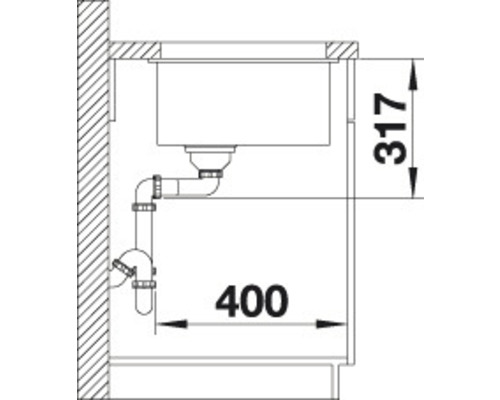 Technische Zeichnung eines Spülbeckens mit Abflussrohren und Maßangaben