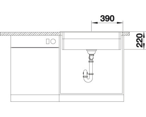Technische Zeichnung einer Spüle mit Unterschrank und zugehörigen Maßangaben