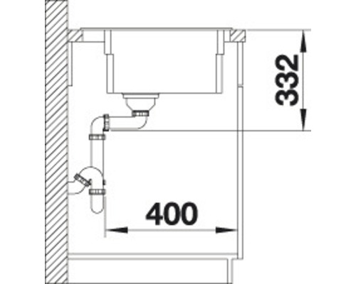 Technische Zeichnung eines Spülbeckens mit Abfluss und Massangaben