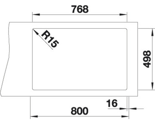 Technische Zeichnung mit Maßangaben eines rechteckigen Objekts: 768, 800 und 498 Millimeter.