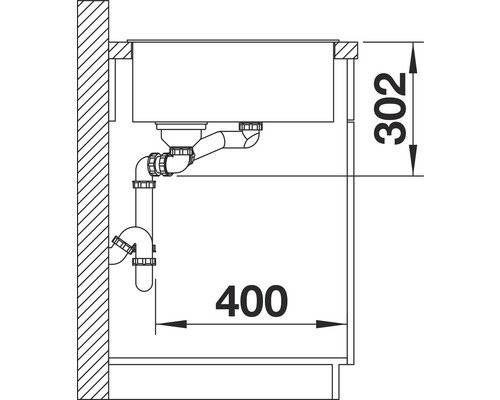 Dessin d''un évier avec siphon et dimensions de 302 et 400 millimètres.