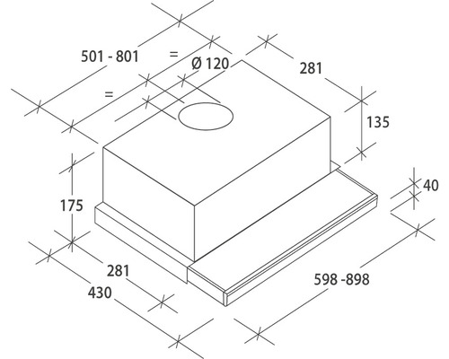 Technische Zeichnung einer Dunstabzugshaube mit Maßangaben