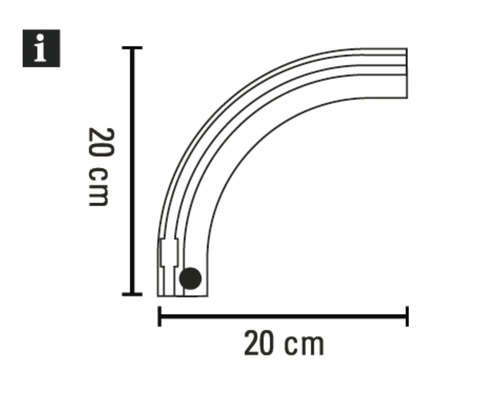 Technische Zeichnung eines Viertelkreis-Profils mit den Massen 20 mal 20 Zentimeter.