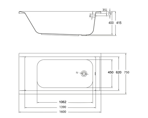 Schéma technique d''une baignoire avec dimensions