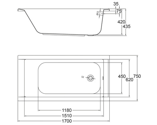 Schéma technique d''une baignoire avec dimensions