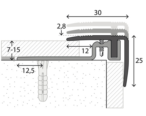 Schéma d''un profilé d''arête d''escalier avec indications de dimension