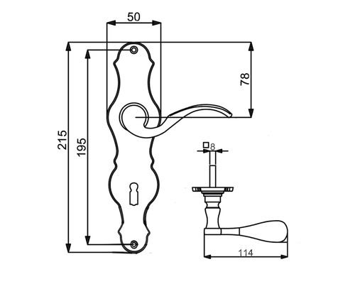 Schéma technique d''une poignée de porte avec dimensions