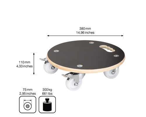 Planche à roulettes ronde avec poignée et indications de dimensions.