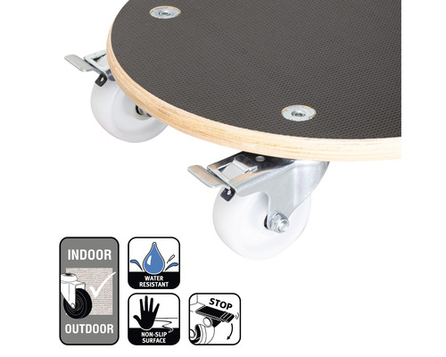 Planche à roulettes avec roulettes et frein ainsi que symboles pour intérieur et extérieur, hydrofuge, surface antidérapante et frein de stationnement