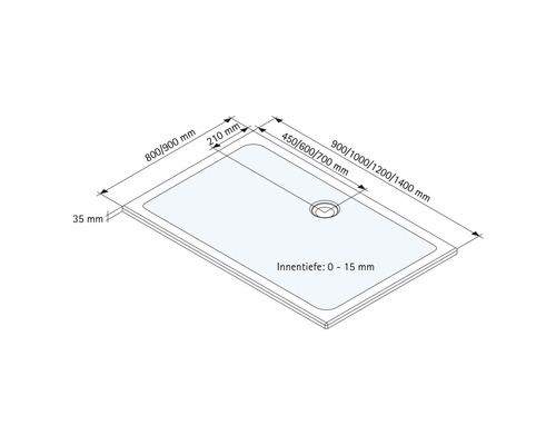 Technische Zeichnung einer Duschwanne mit Maßangaben