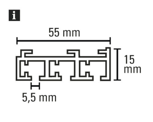 Dessin technique d''un profilé avec dimensions : 55 mm de largeur, 15 mm de hauteur et 5,5 mm de profondeur.
