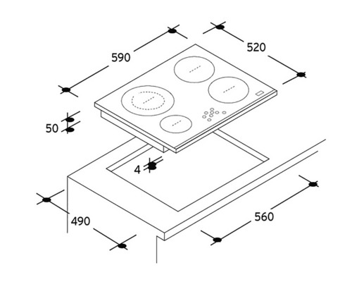 Schéma technique d''une plaque de cuisson avec dimensions
