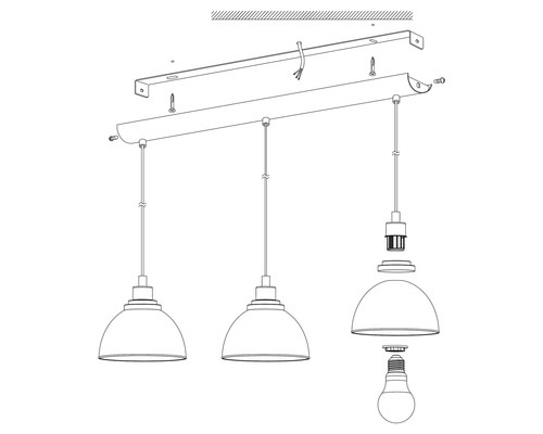 Zeichnung einer Hängelampe mit drei Leuchten und Montageanleitung