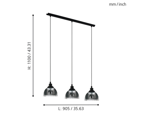 Pendelleuchte mit drei Glasschirmen und Massangaben