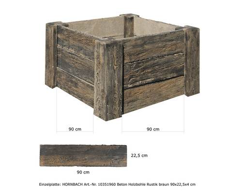 Jardinière en béton imitation bois, dimensions 90 x 90 centimètres