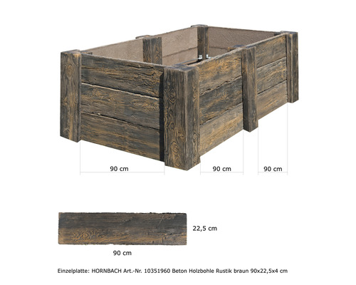 Jardinière surélevée en béton aspect bois avec indications de dimensions