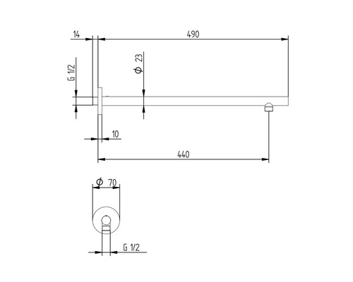 Technische Zeichnung einer Brausestange mit Maßangaben