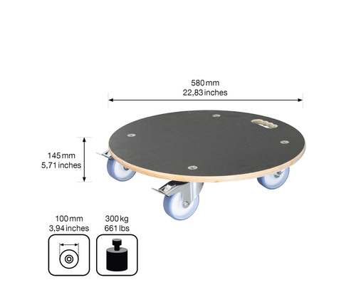 Roulette de meubles ronde en bois avec quatre roulettes et indications de dimensions