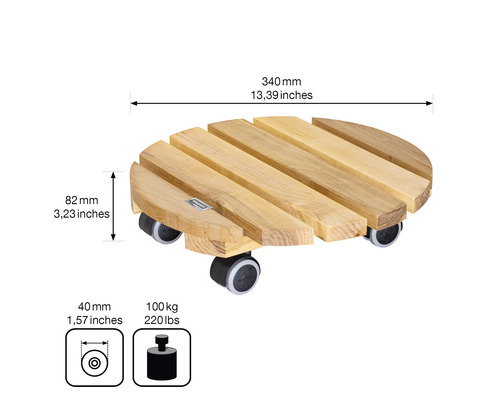 Support à plantes rond en bois avec roulettes, de dimensions 340 mm de large et 82 mm de haut