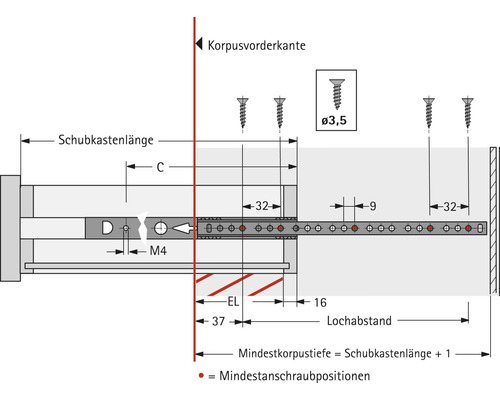 Zeichnung einer Schubladenschiene mit Bemaßung zur Montage