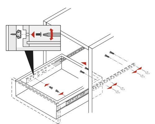 Schemazeichnung einer Schubladenmontage mit Schrauben