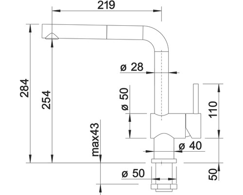 Schéma technique d''un robinet de cuisine avec dimensions