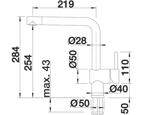 Schéma technique d''un robinet de cuisine avec dimensions