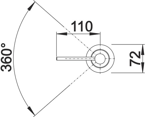 Technische Zeichnung eines Ventils mit den Maßen 110 und 72 Millimeter sowie einem Schwenkbereich von 360 Grad