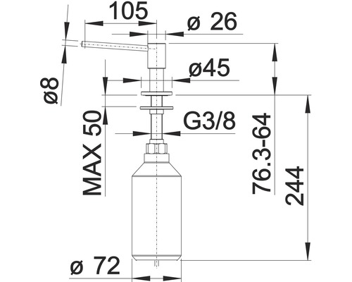 Technische Zeichnung eines Seifenspenders mit Maßangaben