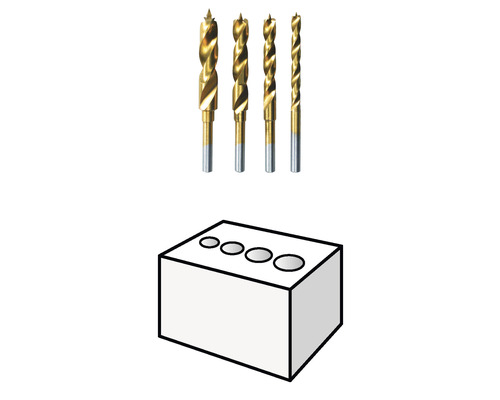 Set de forets à bois avec bloc de bois percé