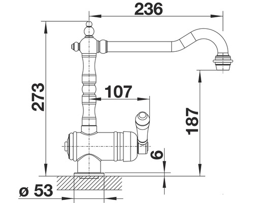 Schéma technique d''un robinet de cuisine avec indication des dimensions.