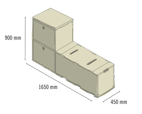 Abbildung eines Möbelstücks mit Schubladen und den Maßen 1650 mm Länge, 900 mm Höhe und 450 mm Tiefe