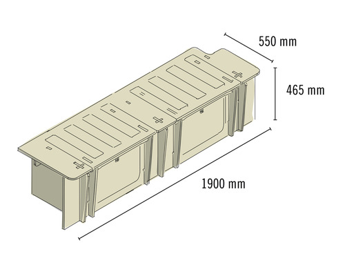 Illustration eines Regals mit den Massen 1900 mm Länge, 550 mm Breite und 465 mm Höhe
