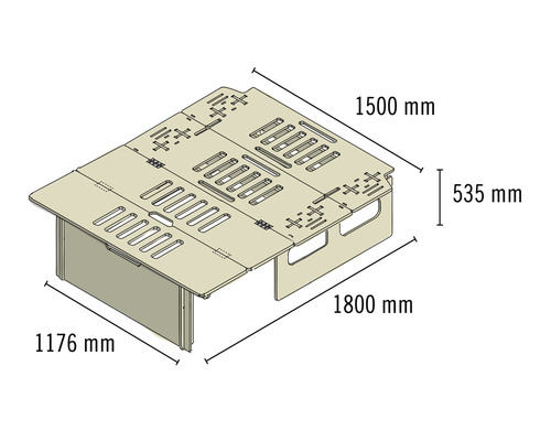 Skizze eines Holzbettgestells mit Größenangaben in Millimetern