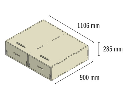 Illustration einer Schubladenbox mit den Maßen 1106 mm, 900 mm und 285 mm