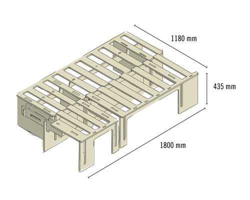 Skizze eines ausziehbaren Gästebettes mit den Maßen 1180 mm mal 1800 mm und einer Höhe von 435 mm.