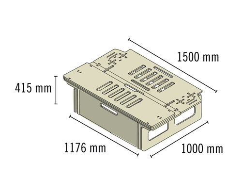 Illustration d''un rehausseur de bureau mesurant 1500 mm par 1176 mm par 1000 mm par 415 mm.