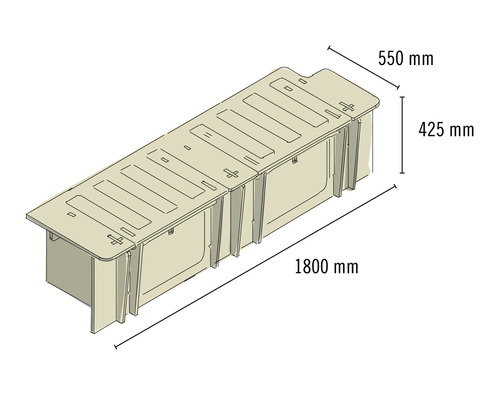 Illustration des Möbelstücks mit Abmessungen von 1800 mm Länge, 550 mm Breite und 425 mm Höhe.
