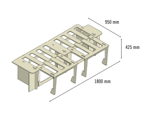 Darstellung eines Regalbett-Systems mit den Massen 1800 mm Länge, 950 mm Breite und 425 mm Höhe