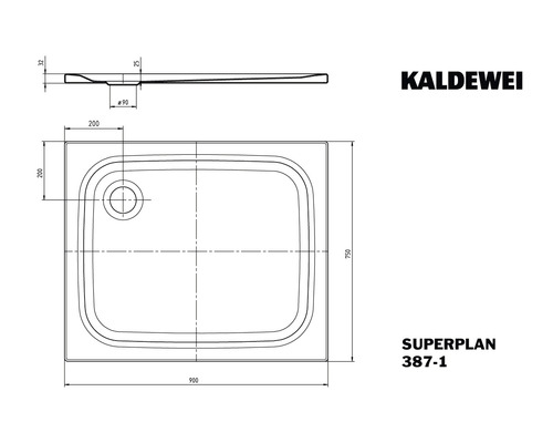 Schéma technique d''un receveur de douche Kaldewei Superplan avec dimensions